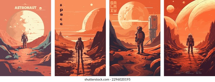 Retro science fiction, a space exploration scene on Mars and astronaut illustration poster set.