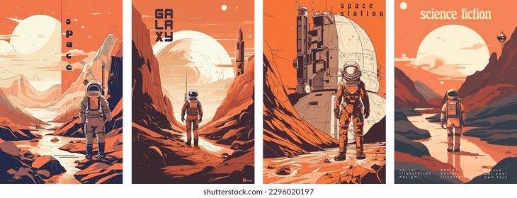 Retro science fiction, a space exploration scene on Mars and astronaut illustration poster set.