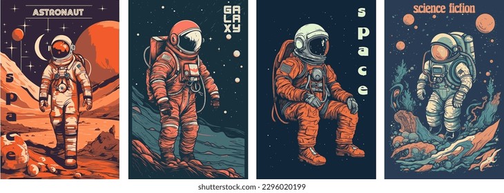 Retro science fiction, a space exploration scene on Mars and astronaut illustration poster set.