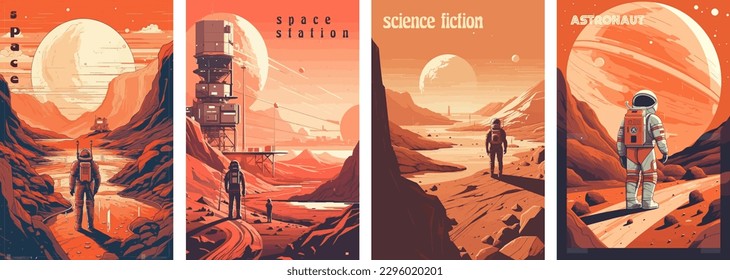 Ciencia ficción retro, escena de exploración espacial en Marte y conjunto de afiches ilustrativos astronautas.