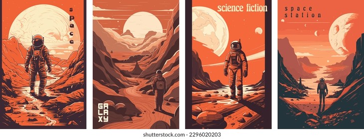 Retro science fiction, a space exploration scene on Mars and astronaut illustration poster set.