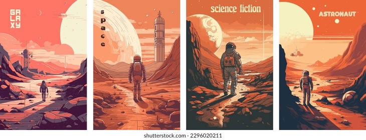 Ciencia ficción retro, escena de exploración espacial en Marte y conjunto de afiches ilustrativos astronautas.