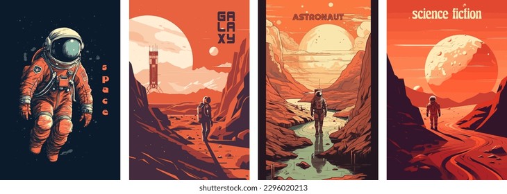 Retro science fiction, a space exploration scene on Mars and astronaut illustration poster set.