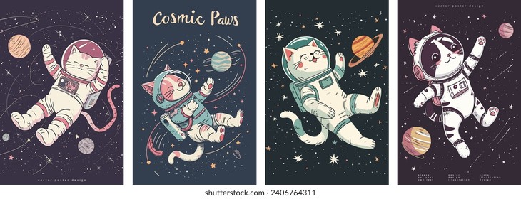 Retro science fiction, a space exploration scene on Mars and astronaut illustration poster set.