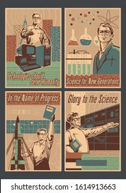 Retro Science Propaganda Posters Stylization, Scientist, Spacecraft Drawings, Old Computers, Chemistry Laboratory, Punch Cards