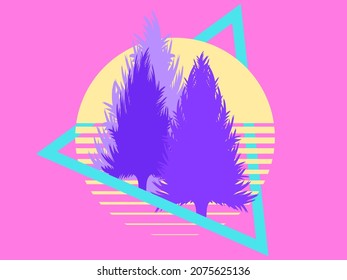 Retro sci-fi 80s Christmas tree at sunset. Retro futuristic sun with fir trees. Merry Christmas greeting card in synthwave and retrowave style. Vector illustration