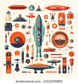 Retro Sci-Fi Adventures: Vintage-Inspired Space Exploration Illustrations with Robots, Aliens, and Futuristic Spaceships