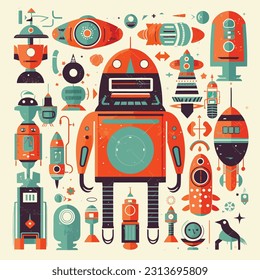 Aventuras retro de ciencia ficción: Ilustraciones de exploración espacial de inspiración vintage con robots, alienígenas y naves espaciales futuristas