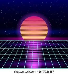 Retro sci-fi background of the 80s and 90s with sunrise or sunset retro sun. Futuristic synthesizer retro wave. vector vintage illustration. disco dance floor