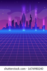 Fondo Retro Sci-Fi 80. Dibujo retrospectivo futurista al estilo de los afiches de los años 80. Trasero futurista