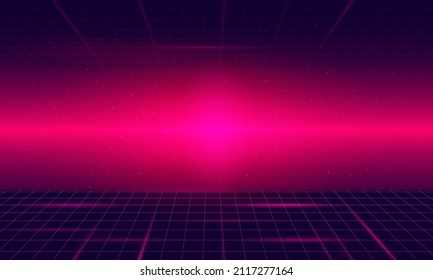 Retro Sci-Fi Background Futuristic Grid landscape , 90's . Horizontal matrix grid in space with stars in the background.