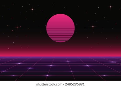 Retro Sci-Fi Background Futuristic Grid landscape of the 80`s. Digital Cyber Surface. Suitable for design in the style of the 1980`s.