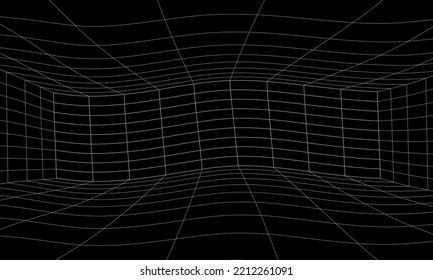 Retro Sci-Fi Background Futuristic landscape of the 80`s. Digital Cyber Surface. Design in 1980`s style, Empty mesh space, cyberpunk retro futurism style. Deformed, drunk, crooked, wavy, acid room 