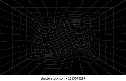 Retro Sci-Fi Background Futuristic landscape of the 80`s. Digital Cyber Surface. Design in 1980`s style, Empty mesh space, cyberpunk retro futurism style. Deformed, drunk, crooked, wavy, acid room 