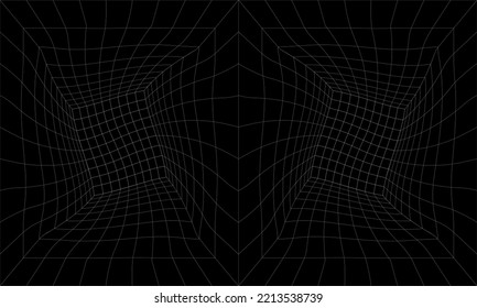 Retro Sci-Fi Background Futuristic landscape of the 80`s. Digital Cyber Surface. Design in 1980`s style, Empty mesh space, cyberpunk retro futurism style. Deformed, drunk, crooked, wavy, acid room 