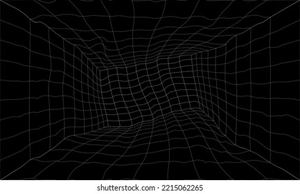 Retro Sci-Fi Background Futuristic landscape of the 80`s. Digital Cyber Surface. Design in 1980`s style, Empty mesh space, cyberpunk retro futurism style. Deformed, drunk, crooked, wavy, acid room 