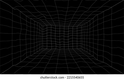 Retro Sci-Fi Background Futuristic landscape of the 80`s. Digital Cyber Surface. Design in 1980`s style, Empty mesh space, cyberpunk retro futurism style. Deformed, drunk, crooked, wavy, acid room 