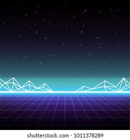 Retro Sci-Fi Background with mountains. Futuristic Vector  illustration in 80s posters style. 