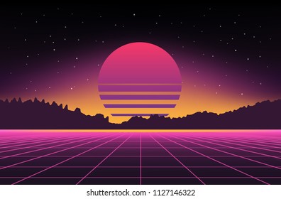 Retro Sci-Fi Background with mountains. Futuristic Vector illustration in 80s posters style.