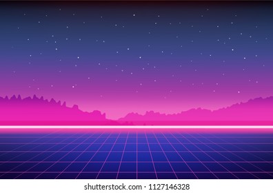 Retro Sci-Fi Background with mountains. Futuristic Vector illustration in 80s posters style.