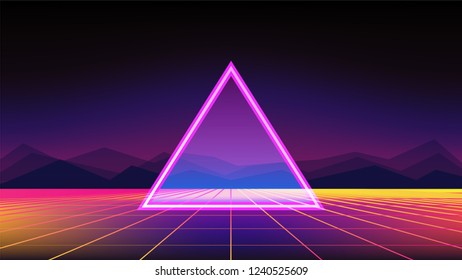 Retro Sci-Fi Background with mountains. Futuristic Vector illustration in 80s posters style.