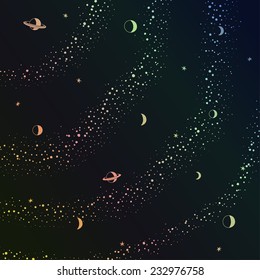 Retro sci-fi background with space, stars and planets