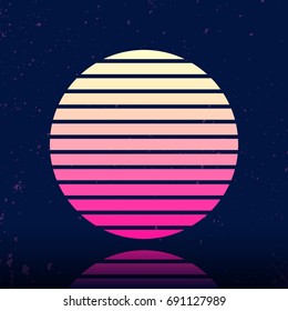 Retro sci-fi background with stylized sun. Textured futuristic vintage banner. Vector illustration.