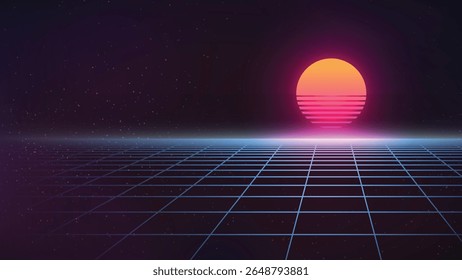Fundo de Ficção Científica Retrô com Sol e Grade. Ilustração de vetor.