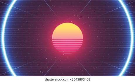 Retro Sci-Fi Fundo com Sol e Anéis de Néon.