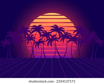 Fondo retro de ciencia ficción con sol retro, palmeras y rejilla de perspectiva de los años 80. Atardecer futurista con palmeras. Sintonismo y estilo de reola. Diseño de pancartas y afiches. Ilustración del vector