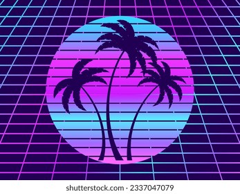 Fondo retro de ciencia ficción con sol retro, palmeras y rejilla de perspectiva de los años 80. Atardecer futurista con palmeras. Sintonismo y estilo de reola. Diseño de pancartas y afiches. Ilustración del vector