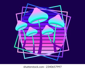 Retro sci-fi bioluminescent mushrooms from the 80s at sunset in a square frame. Futuristic fluorescent glowing mushrooms on a long stalk. Bioluminescent fungus. Vector illustration