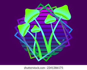 Retro sci-fi bioluminescent mushrooms from the 80s at sunset in a square frame. Futuristic fluorescent glowing mushrooms on a long stalk. Bioluminescent fungi glow green color. Vector illustration