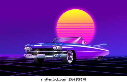 Retro Sci-Fi futuristic background 1980s and 1990s style 3d illustration. Digital landscape in a cyber world. For use as design cover. v13     Luxury retro car executed in pink and purple colors