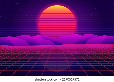 Retro Sci-Fi futuristic vector, background 1980s and 1990s style 3d illustration. Digital landscape in a cyber world. For use as design cover