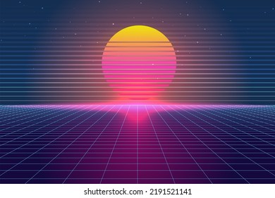 Retro Sci-Fi futuristic vector, background 1980s and 1990s style 3d illustration. Digital landscape in a cyber world. For use as design cover.