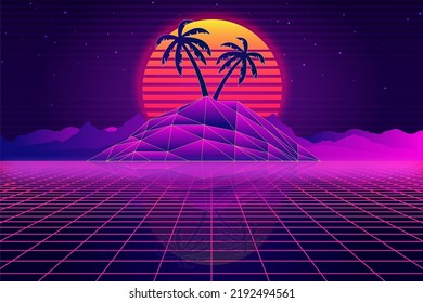 Retro Sci-Fi futuristic vector, background 1980s and 1990s style 3d illustration. Digital landscape in a cyber world. For use as design cover.