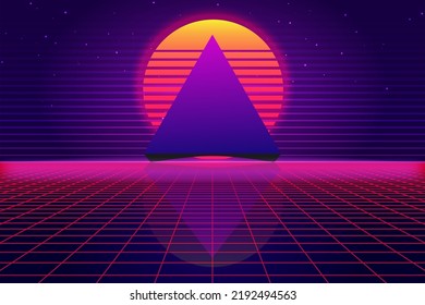 Retro Sci-Fi futuristic vector, background 1980s and 1990s style 3d illustration. Digital landscape in a cyber world. For use as design cover.