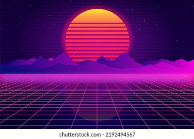 Retro Sci-Fi vector futurista, fondo de la ilustración 3d estilo de los años 1980 y 1990. El paisaje digital en un mundo cibernético. Para su uso como cubierta de diseño.