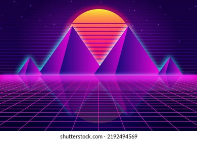 Retro Sci-Fi Futuristic Vector, Background 1980s And 1990s Style 3d Illustration. Digital Landscape In A Cyber World. For Use As Design Cover.