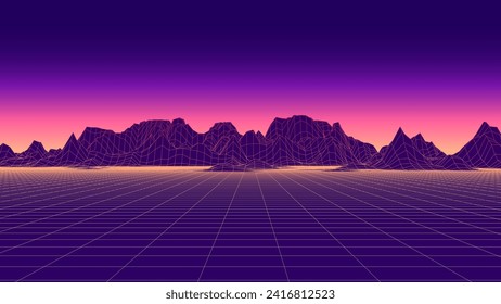 Retro sci-fi landscape of mountains. Futuristic polygonal background in style of 80s and 90s. Technology perspective glowing grid with 3d landscape. Abstract vector wireframe terrain design.