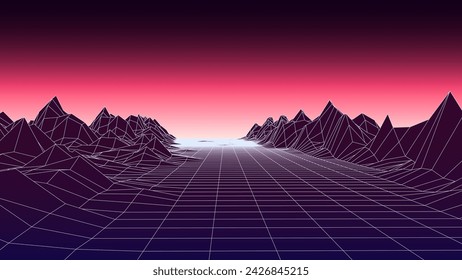 Retro sci-fi landscape of mountains. Futuristic polygonal background in style of 80s and 90s. Technology perspective glowing grid with 3d landscape. Abstract vector wireframe terrain design.