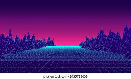 Retro sci-fi landscape of mountains. Futuristic polygonal background in style of 80s and 90s. Technology perspective glowing grid with 3d landscape. Abstract vector wireframe terrain design.