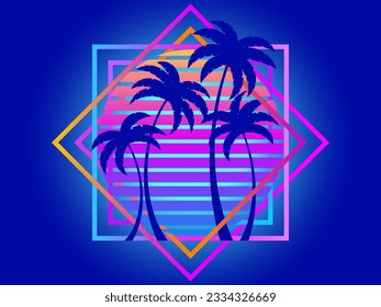 Retro sci-fi palm trees from the 80s at sunset in a square frame. Retro futuristic sun with palm trees. Synthwave and Retrowave style. Design of advertising banners and posters. Vector illustration