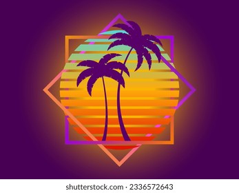 Retro sci-fi palm trees from the 80s at sunset in a square frame. Retro futuristic sun with palm trees. Synthwave and Retrowave style. Design of advertising banners and posters. Vector illustration