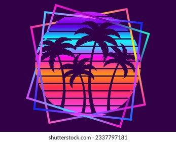 Retro sci-fi palm trees from the 80s at sunset in a square frame. Retro futuristic sun with palm trees. Synthwave and Retrowave style. Design of advertising banners and posters. Vector illustration