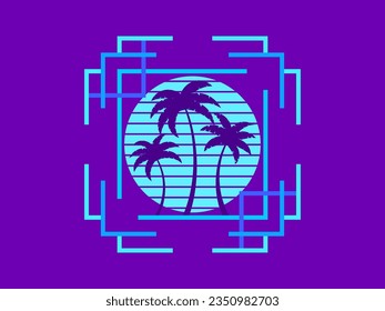 Retro sci-fi palm trees from the 80s at sunset in a square frame. Retro futuristic sun with palm trees. Synthwave and Retrowave style. Design of advertising banners and posters. Vector illustration