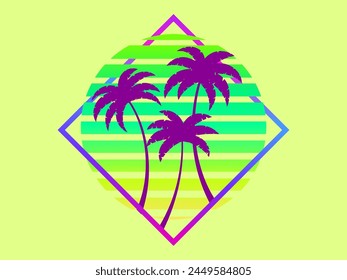 Retro sci-fi palm trees from the 80s at sunset in a square frame. Retro futuristic sun with palm trees. Synthwave and Retrowave style. Design of advertising banners and posters. Vector illustration
