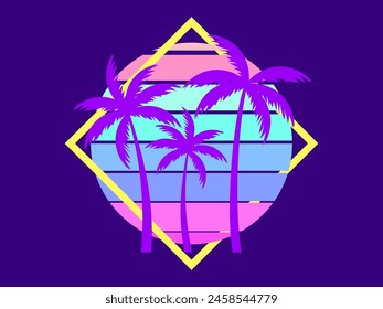 Retro sci-fi palm trees from the 80s at sunset in a square frame. Retro futuristic sun with palm trees. Synthwave and Retrowave style. Design of advertising banners and posters. Vector illustration