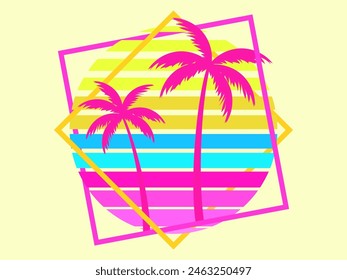 Retro sci-fi palm trees from the 80s at sunset in a square frame. Retro futuristic sun with palm trees. Synthwave and Retrowave style. Design of advertising banners and posters. Vector illustration